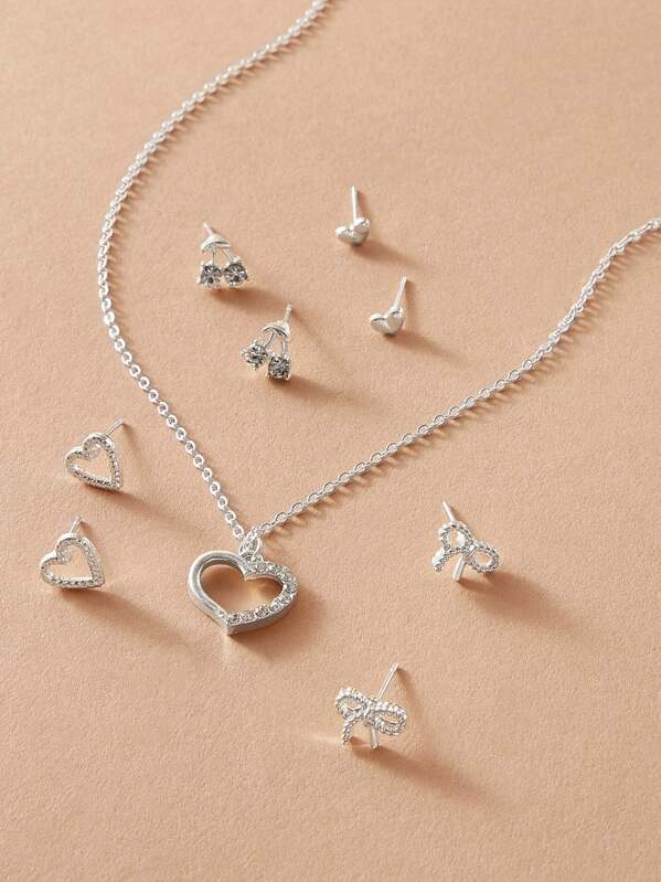 

1pc Heart & Bow Knot Decor Necklace & 4pairs Earrings