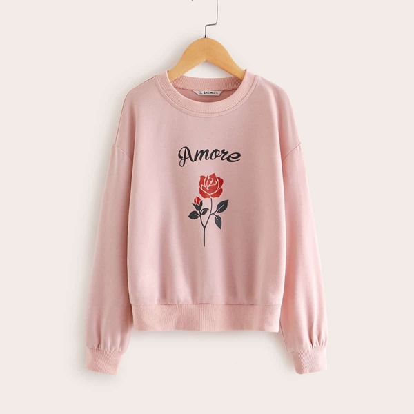 

Girls Rose and Letter Graphic Sweatshirt, Pink pastel