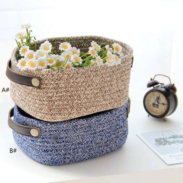 

1pc Cotton Woven Storage Basket With Handle, Multicolor