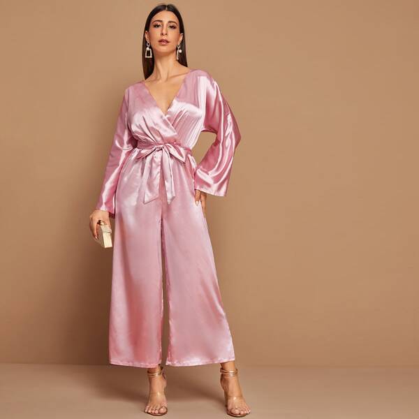 

Surplice Front Belted Wide Leg Satin Jumpsuit, Pink