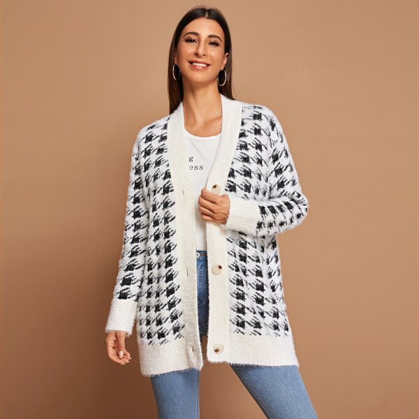 

Houndstooth Pattern Mohair Button Up Cardigan, Black and white