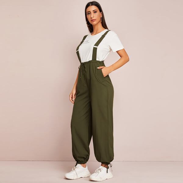 

Knot Hem Drawstring Waist Pants With Strap, Army green