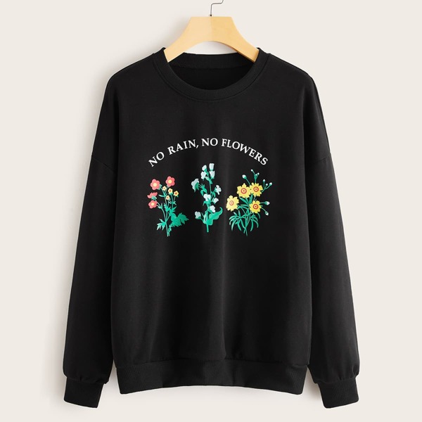

Plants & Slogan Graphic Drop Shoulder Sweatshirt, Black