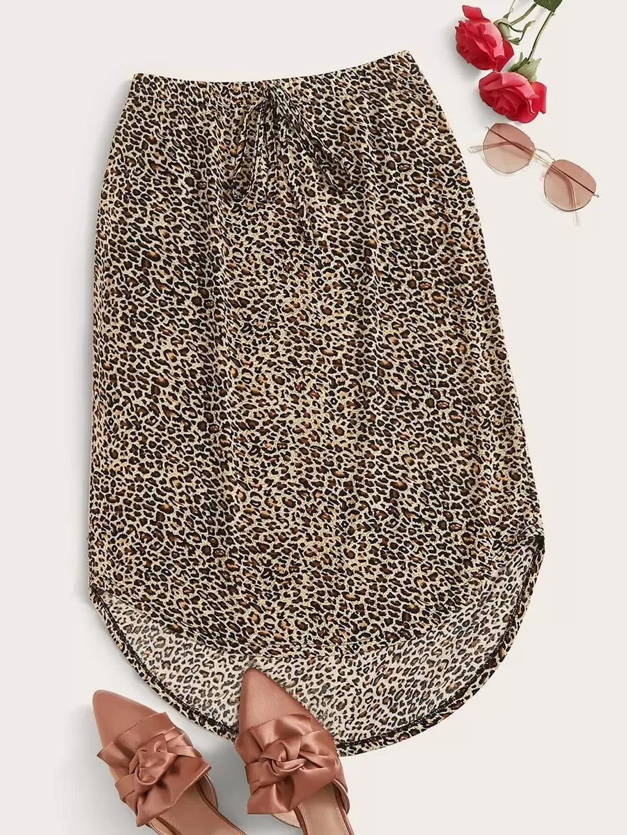 SHEIN Leopard Print High-Low Midi Skirt - Multicolor - View 1