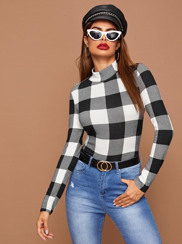 Stand Collar Buffalo Plaid Print Fitted Tee, Black and white, Andy