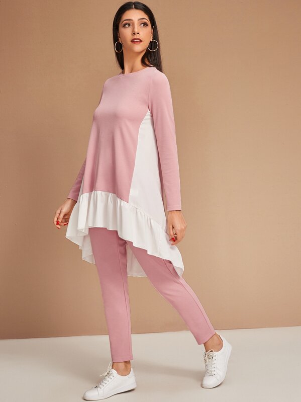 

Two Tone Dip Hem Top and Pants Set, Pink, Taina