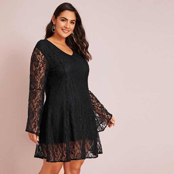 

Plus Zip Back Lace Overlay Dress, Black