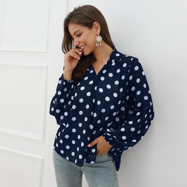 

Polka Dot Bishop Sleeve Blouse, Navy