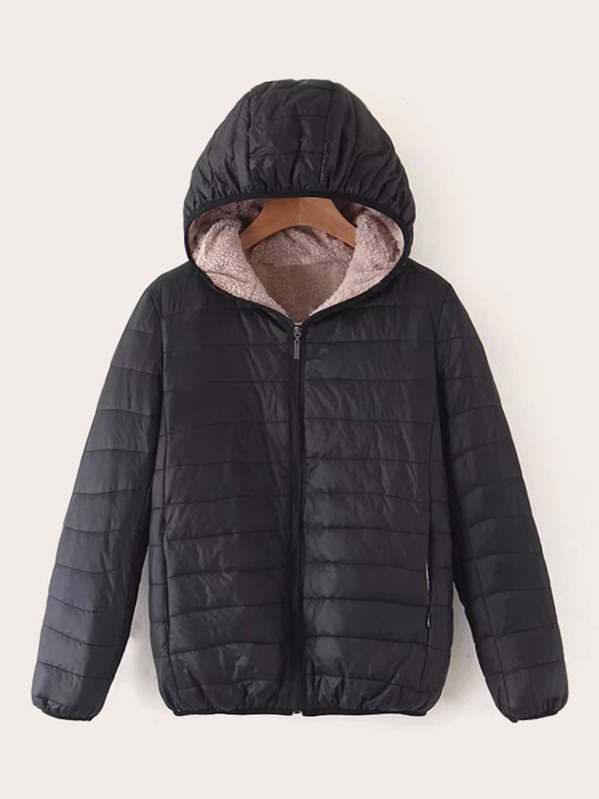 

Sherpa Lined Hooded Puffer Jacket, Black