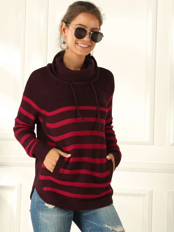 

High Neck Drawstring Stripe Jumper, Multicolor
