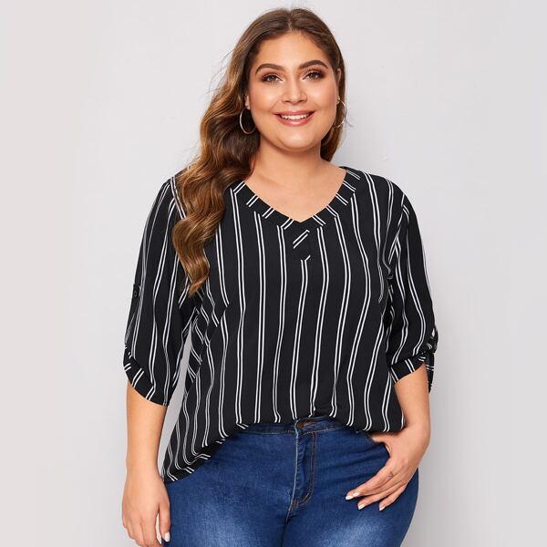 

Plus Striped Print Roll Tab Sleeve Top, Black