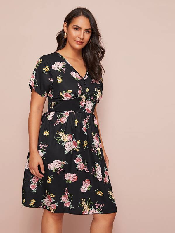 

Plus Floral Print Button Front A-line Dress, Black, Ruiz Brianna