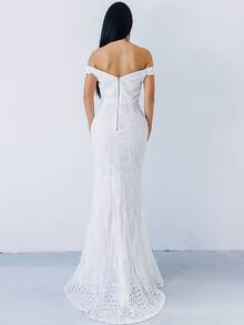 Missord Zip Back Mermaid Hem Bardot Sequin Prom Dress - White - View 2