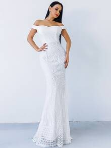 Missord Zip Back Mermaid Hem Bardot Sequin Prom Dress - White - View 3