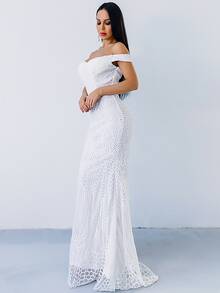 Missord Zip Back Mermaid Hem Bardot Sequin Prom Dress - White - View 4