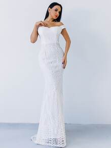 Missord Zip Back Mermaid Hem Bardot Sequin Prom Dress - White - View 1