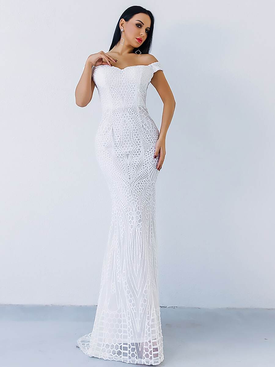 Missord Zip Back Mermaid Hem Bardot Sequin Prom Dress - White - View 1