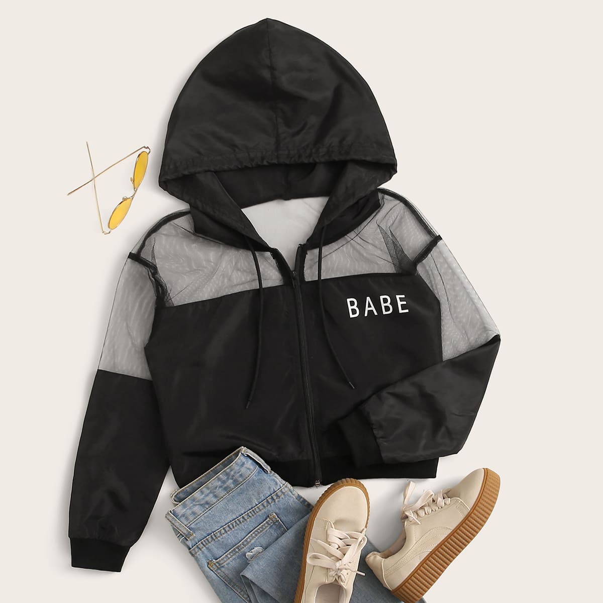 Image of Letter Graphic Mesh Yoke Crop Windbreaker Jacket