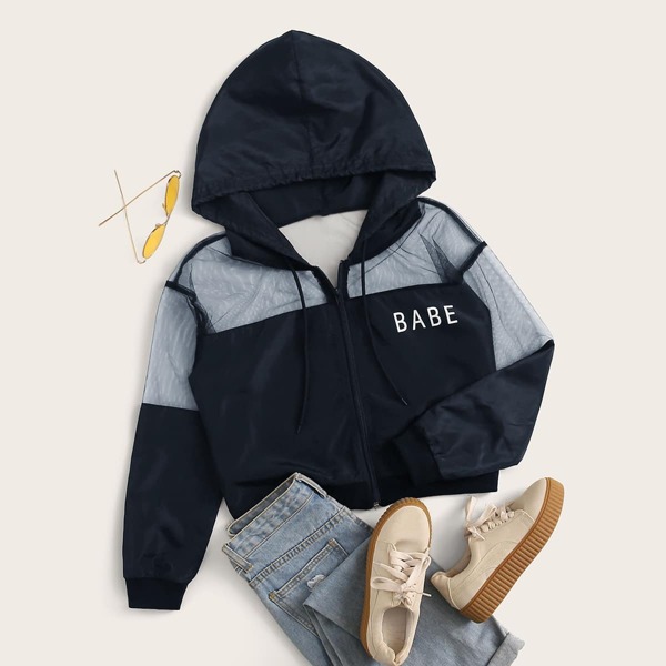 

Letter Graphic Mesh Yoke Crop Windbreaker Jacket, Navy