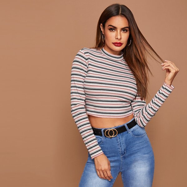 

Mock-neck Striped Rib-knit Crop Top