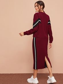 SHEIN 鋸齒紋套頭衫和開衩鉛筆半身裙套裝 - 酒紅色 - 查看 2