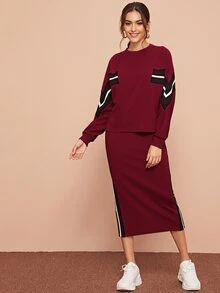 SHEIN 鋸齒紋套頭衫和開衩鉛筆半身裙套裝 - 酒紅色 - 查看 3