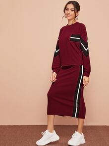 SHEIN 鋸齒紋套頭衫和開衩鉛筆半身裙套裝 - 酒紅色 - 查看 4