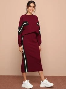 SHEIN 鋸齒紋套頭衫和開衩鉛筆半身裙套裝 - 酒紅色 - 查看 1