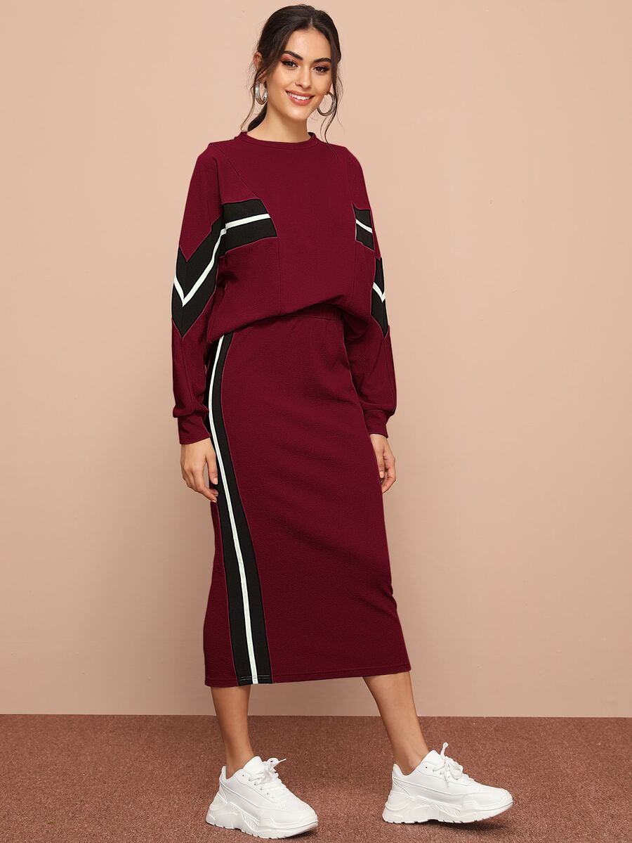 SHEIN 鋸齒紋套頭衫和開衩鉛筆半身裙套裝 - 酒紅色 - 查看 1