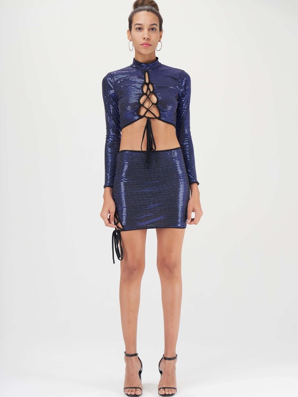 

Lace Up Tie Back Sequin Top & Skirt Set, Blue