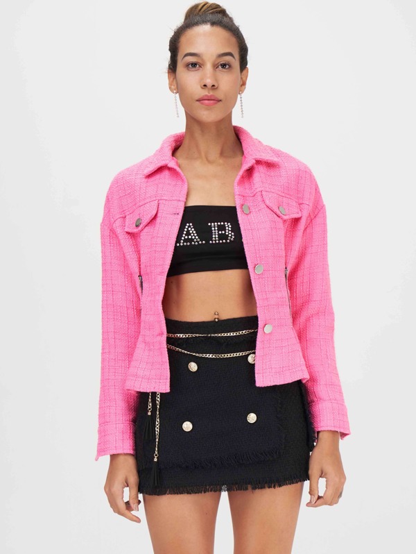 

Zipper Detail Flap Pocket Tweed Jacket, Pink, Juliana