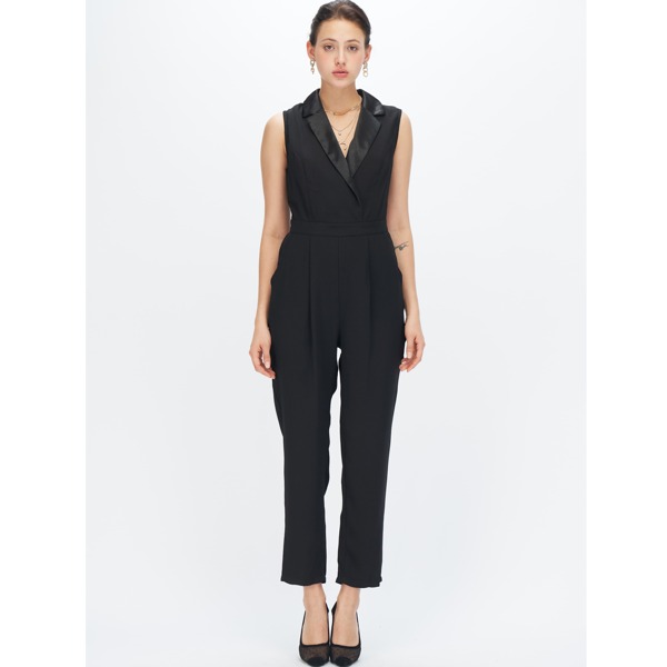 

Satin Shawl Collar Slant Pocket Sleeveless Jumpsuit, Black