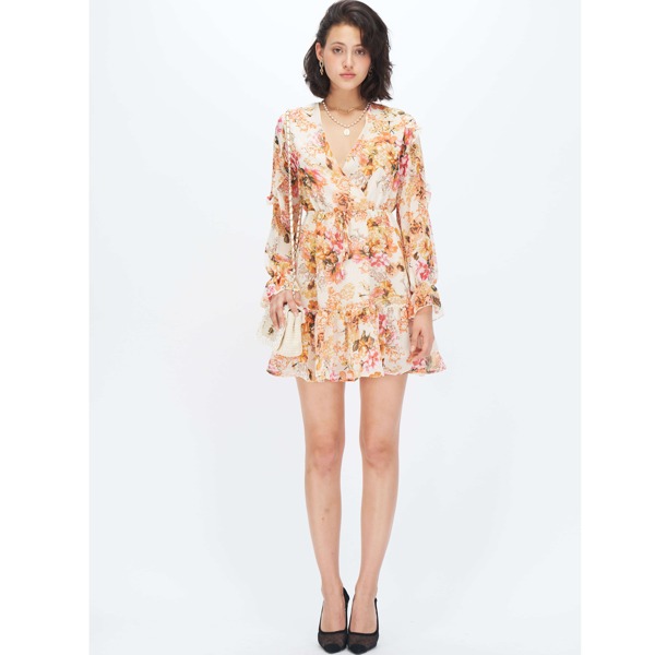 

Surplice Neck Ruffle Hem Floral Print Dress, Multicolor