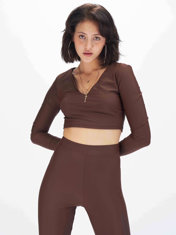 

Solid Crop Top & Leggings Set, Brown, Lucia