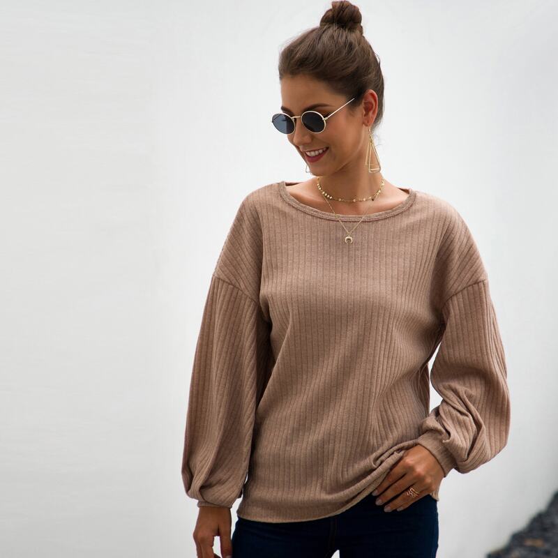 

Drop Shoulder Ribbed Knit Top, Apricot