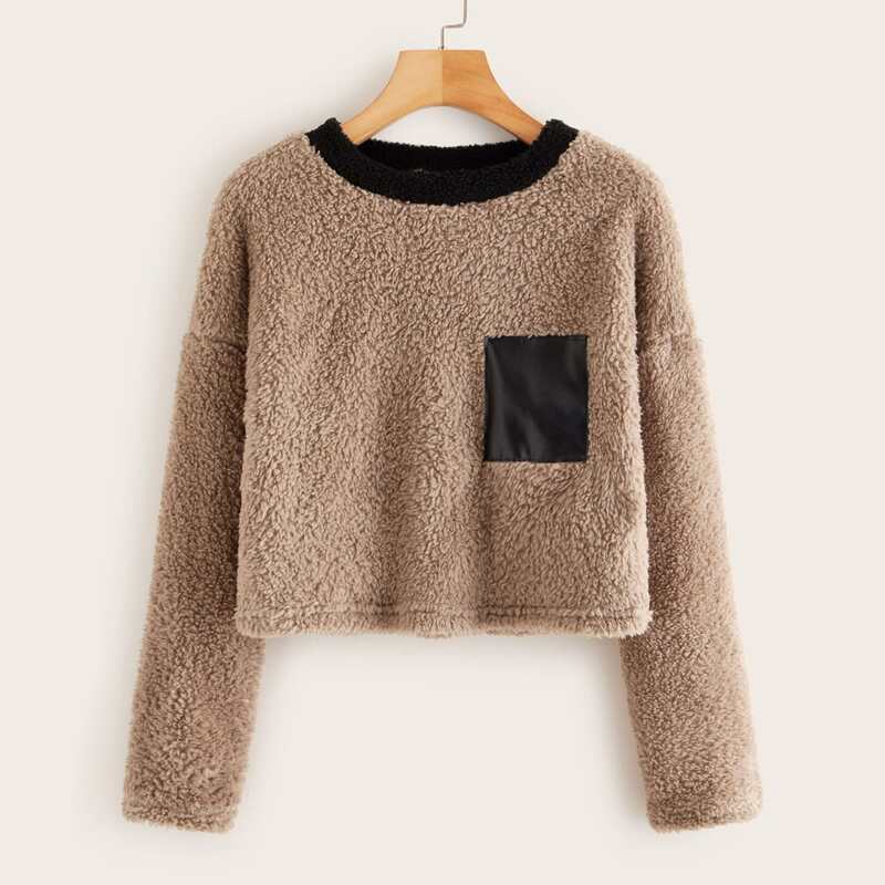 

Contrast Trim Crop Teddy Sweatshirt, Brown
