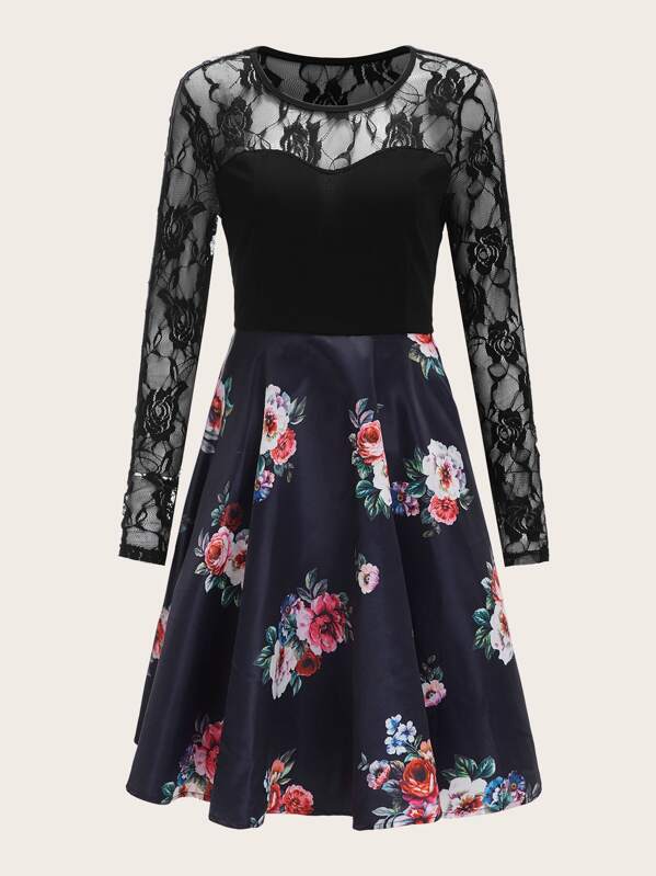 

Lace Panel Floral Swing Combo Dress, Multicolor, Carol A