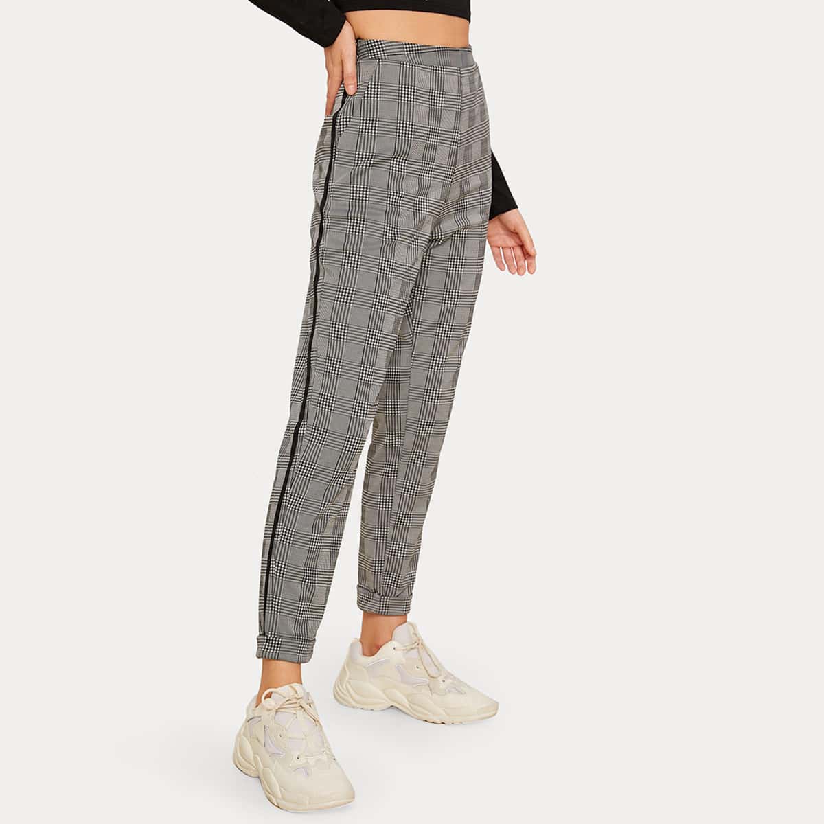 

Plaid Side Tape Panel Carrot Pants, Grey