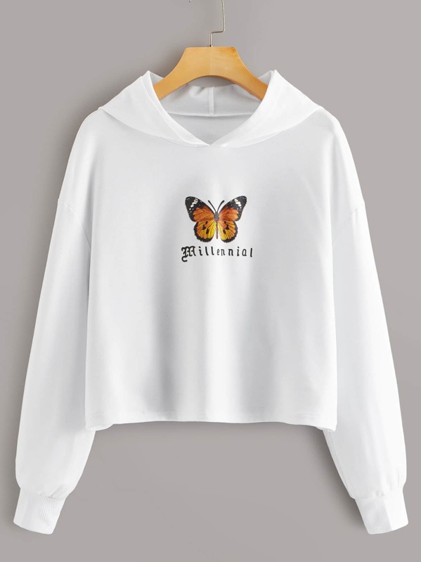 

Letter And Butterfly Print Hoodie, White