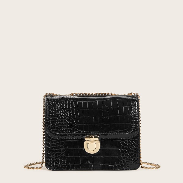 

Metal Lock Chain Strap Crossbody Bag, Black
