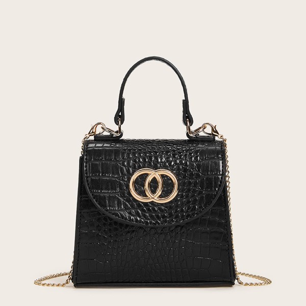 

Croc Embossed Flap Satchel Bag, Black