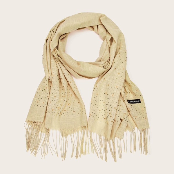 

Rhinestone Decor Fringe Hem Scarf, Beige