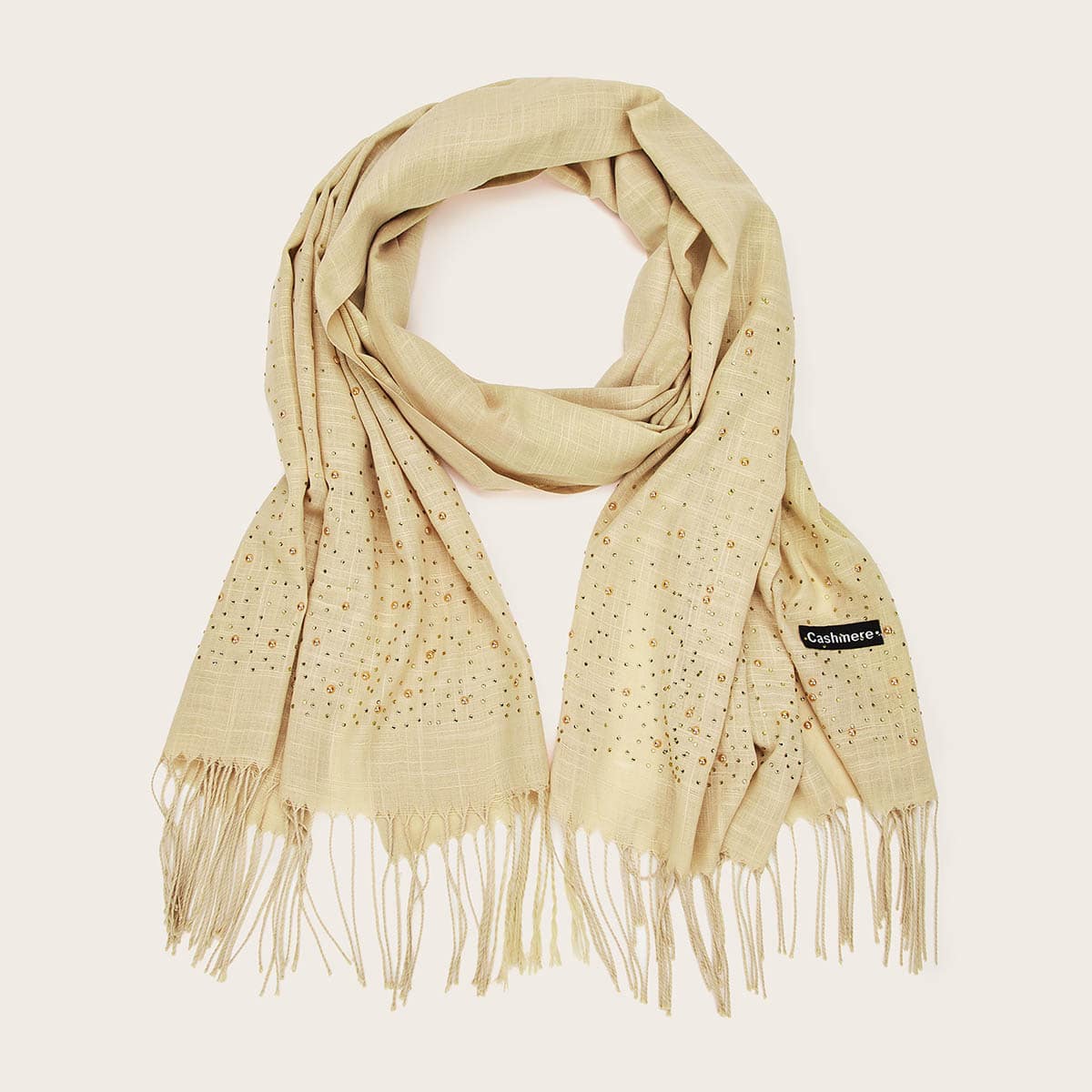 

Rhinestone Decor Fringe Hem Scarf, Beige