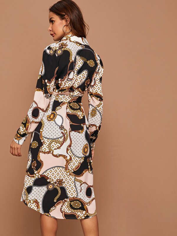 Chain Print Curved Hem Belted Shirt Dress SHEIN USA