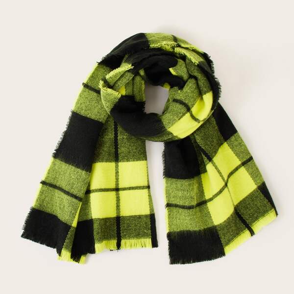 

Plaid Pattern Neon Yellow Scarf, Multicolor