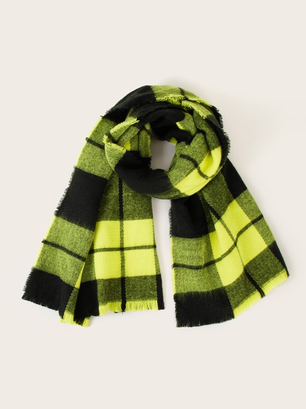 

Plaid Pattern Neon Yellow Scarf, Multicolor