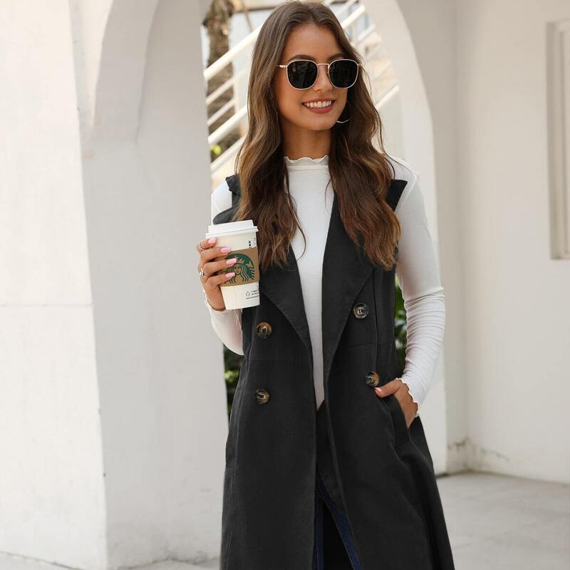 

Double Button Pocket Side Vest Coat, Black