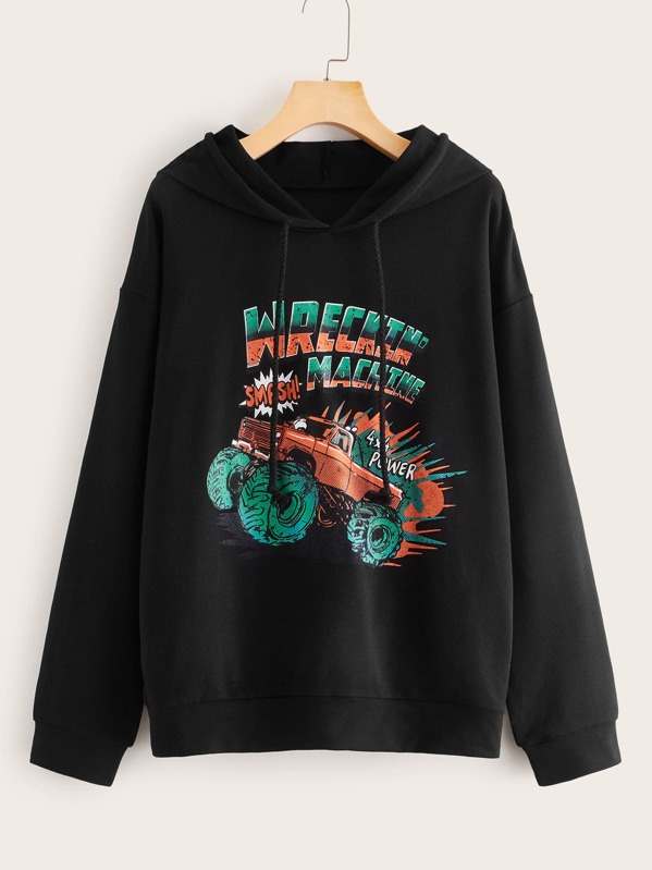 

Car And Letter Graphic Drawstring Hoodie, Black