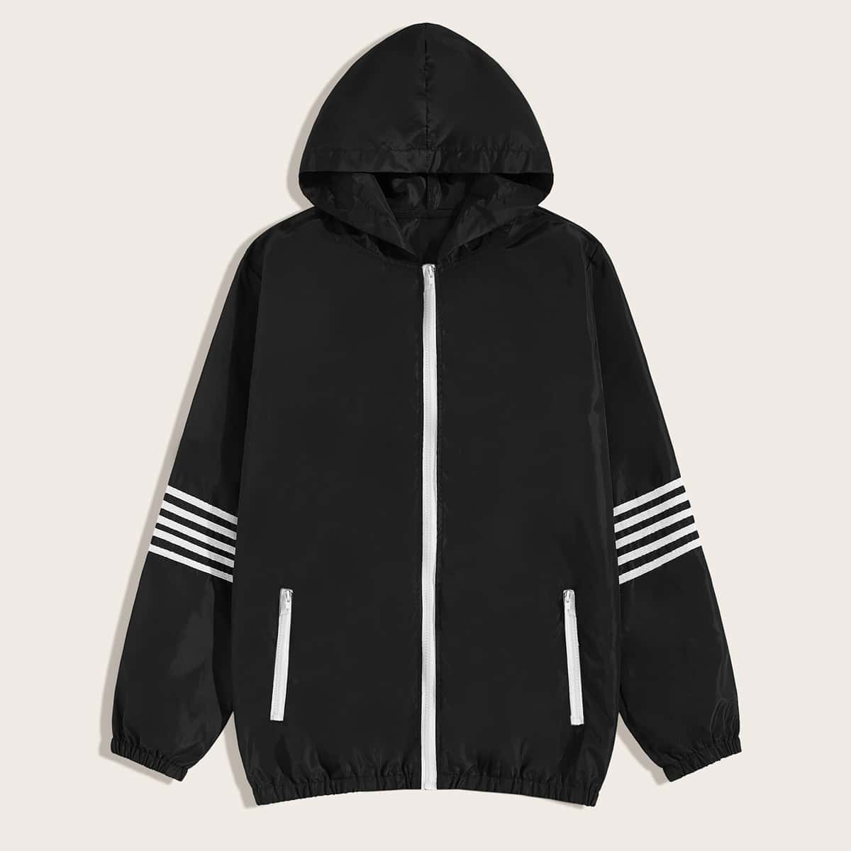 

Guys Stripe Tape Hooded Windbreaker Jacket, Black