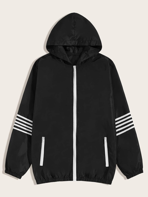 

Men Stripe Tape Hooded Windbreaker Jacket, Black